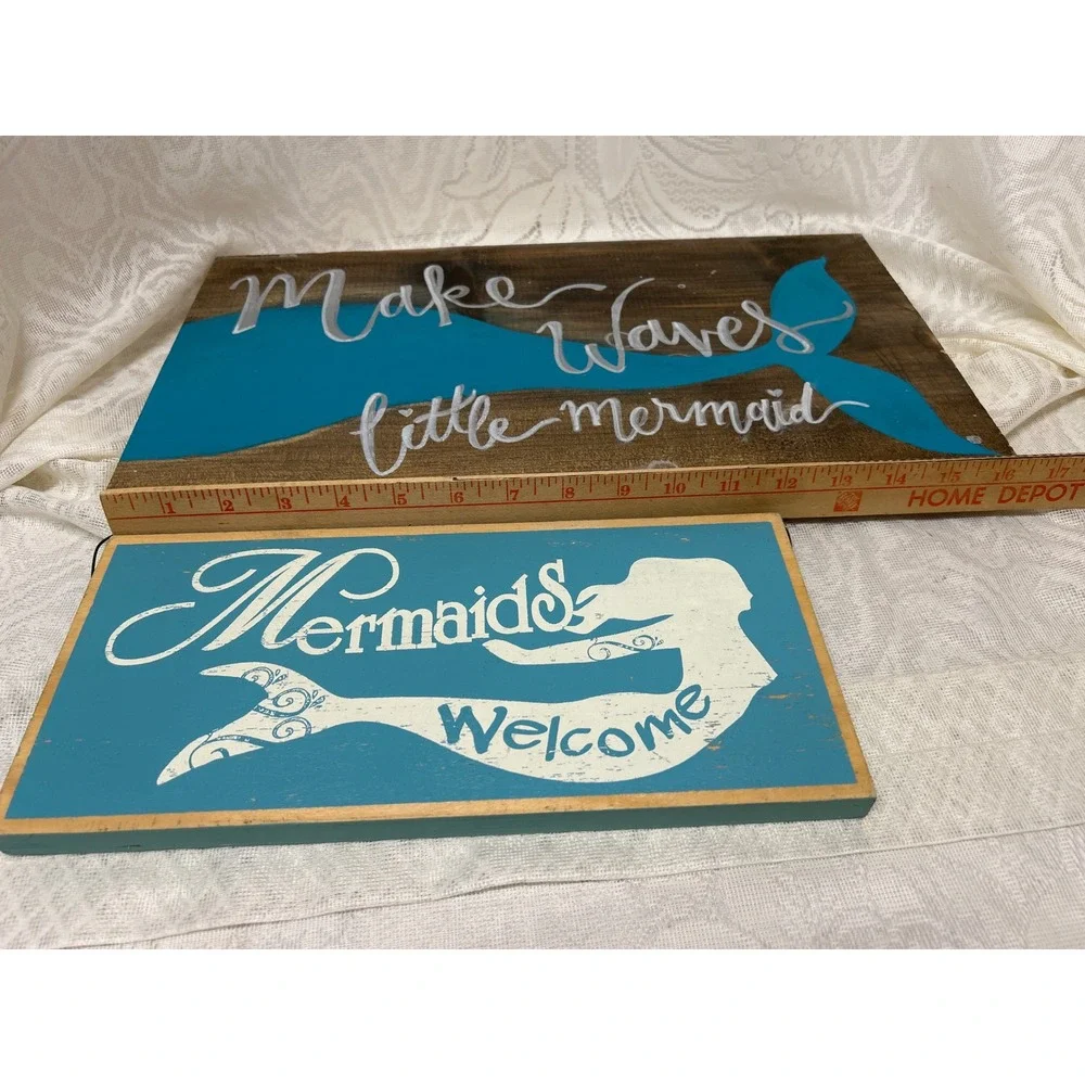 Hand Painted Wood Mermaid Wall Art Signs Set 2 Make Waves Mermaids Welcome Teal